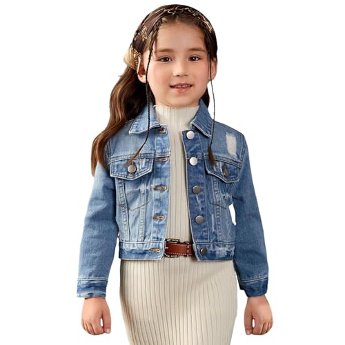 Moonker Teen Girls Crop Denim Jacket Solid Lapel Button Down Long Sleeve Outwear Windproof Casual Coat with
