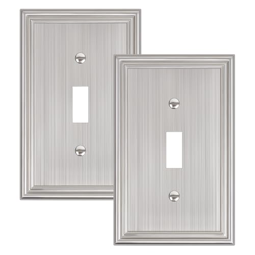 2-Pack Single Toggle Light Switch Cover Plate, Durable Solid Zinc Alloy Decorative Switch Plate Covers, Brushed Nickel 1 Gang Wall Plate, Corrosion Resistant