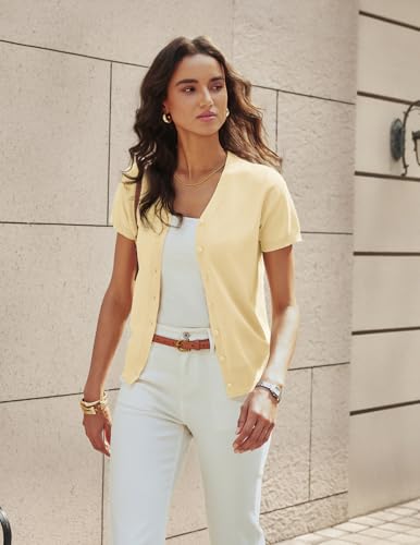 GRACE KARIN Womens Lightweight Summer Cropped Cardigan Short Sleeve Yellow Cardigan Sweaters for Women Fall Fashion Clothing(Light Yellow,XL) — view 3