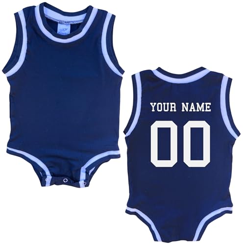 Custom Sleeveless Basketball Sport Jersey for Babies Personalized with Name & Number, Back ONLY (3-6 Months, Navy)