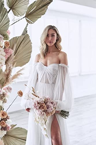 Off Shoulder Tulle Prom Dresses with Split Long Sleeve Wedding Dress for Bride Formal Evening Gowns3