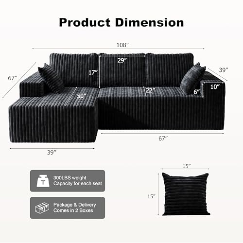 Image of Modular Sectional Sofa Couches L-Shape Couch 3 Seat Modular Sofa Memory Foam Sectional Couches for Living Room (Black, 108 inch+Left Chaise)