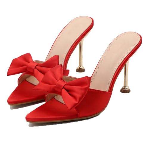 Women's Satin Bow Backless Pointed Toe Stiletto Sandal Summer Fashion Open Toe Slingback Slip On Dress Wedding High Heel Mules for Party Dating Sexy Pumps