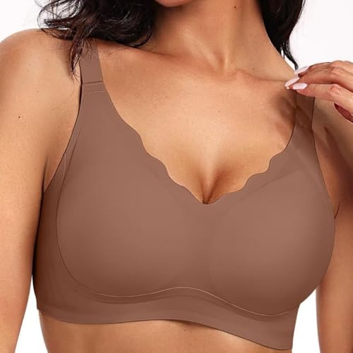 Bpoeee Seamless Scalloped Push-Up Bra, Wireless Pushup Bra for Women, Jelly Wireless Push Up Bras (Brown,M)