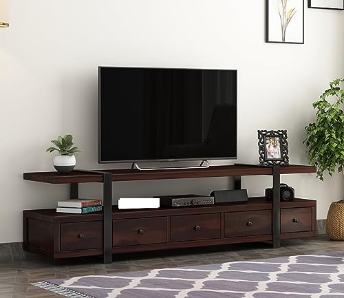 Image of Rustic Sheesham Wood & Metal TV Unit with 5 Drawers, 1 Shelf, and Storage for up to 70-inch TV - Perfect for Your Living Room (Arsenal, Walnut Finish)