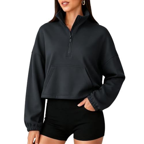 Womens Cropped Half Zip Mock Neck Sweatshirt Athletic Quarter Zip Pullover