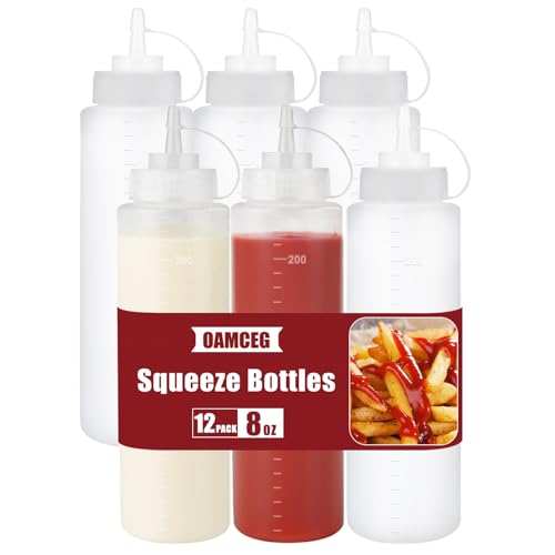 OAMCEG 8OZ Squeeze Bottles - 6 Pack Durable Plastic Condiment Bottles Squirt Bottle with Discrete Measurements for Ketchup BBQ Sauces Syrup Condiments Dressings Arts and Crafts