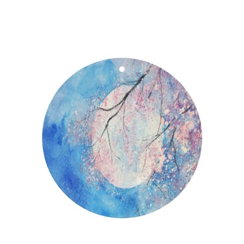 吊り下げ式車用芳香剤カード 2枚パック - 長持ちする吊り下げ式アロマセラピーカード (ラベンダーの香り) 車、自宅の寝室、ワードローブ、靴箱などに最適。ユニセックス (青い森の水彩画、満月とピンクの木の風景、カラフルな抽象的な美しい)