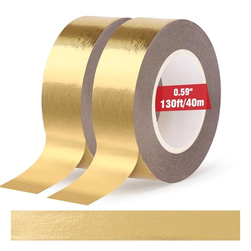 Fyguard 2 Rolls Gold Washi Tape 0.59In 130Ft (Total 40m) Low Tack Solid Foil Gold Tape Shiny Metallic Decorative Tape for Wall Mirror Decor Crafts Christmas Gift Wrapping