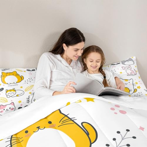 Image of Feelyou Cute Kitten Twin Comforter Set, Kawaii Pet Cats Cartoon Comforter Set for Kids, Girls, Cat Lover's Animal Themed Duvet Set, Microfiber Quilt Set
