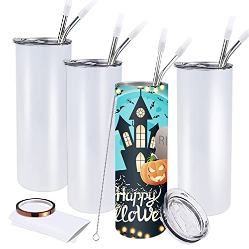 Sublimation Tumbler Set, 20oz Sublimation Skinny Blanks Tumbler with Metal Straw, Lid, Sublimation Shrink Wrap Film, White Stainless Steel Straight Water Coffee Tumbler, Great DIY Gifts (4 Pack)