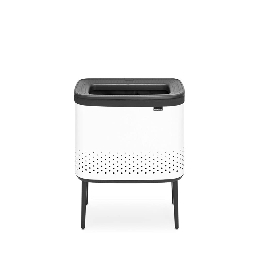 Brabantia - Bo Laundry Bin 60L - Stylish Dirty Clothes Hamper - Lid with Quick-Drop Opening - Removable Cotton Bag - Portable & Hygienic - Bedroom & Bathroom Accessory - White