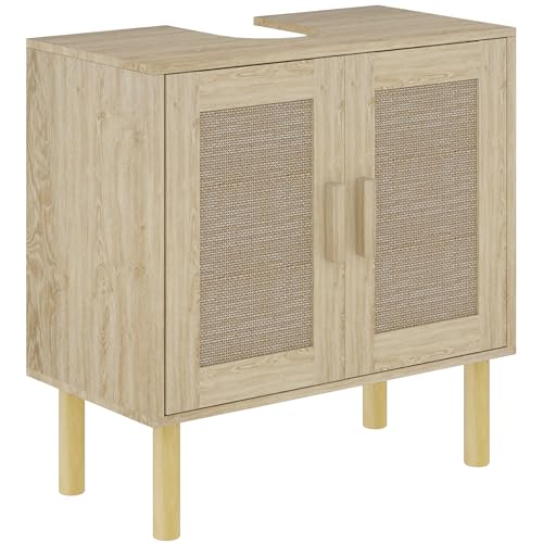 HOMCOM Meuble Salle de Bain sous lavabo avec Portes en résine tressée, Meuble sous lavabo Style bohème à 2 Niveaux, Pieds en Bois de pin, 60 x 30 x 60 cm,...