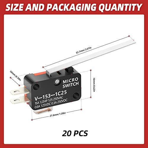 Qcdeng 20Pcs Micro Switch, 1No 1Nc Spdt 15A 125/250Vac Long Straight Hinge Lever Arm Switch For Electronic Equipment V-153-1C25 #TOP1