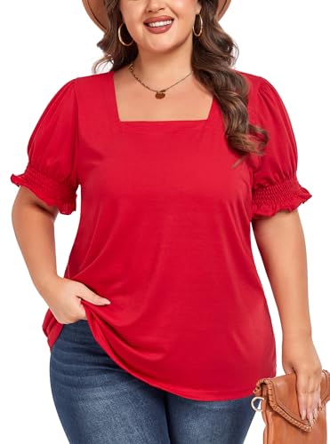 Women's Plus Size Tops Square Neck Blouses Short Sleeve T Shirts Casual Ruffle Trim Sleeve Tunic Tops