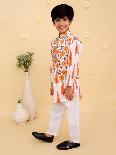 Image of The Mom Store Boys Printed Cotton Kurta Pajama Set With Jacket | Soft And Comfortable Ethnic Wear For Baby /Kids Boys | Full Sleeves Kurta Pyjama Set | Traditional Indian Outfit