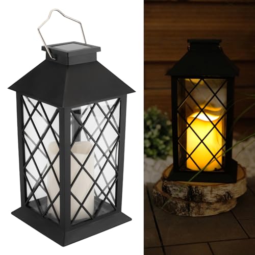 Lumiled Farolillo solar exterior farolillos solares para exteriores LED de cristal lámpara solar vela efectos de llama IP44 vintage negro colgante lámpara decorativa exterior lámpara de jardín 1 pieza