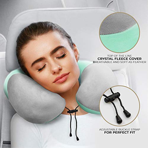 Image of Nasher Miles 100% Pure Memory Foam Travel Neck Pillow, 360 Stable Neck Support with Snap-on Button (Teal and Grey)