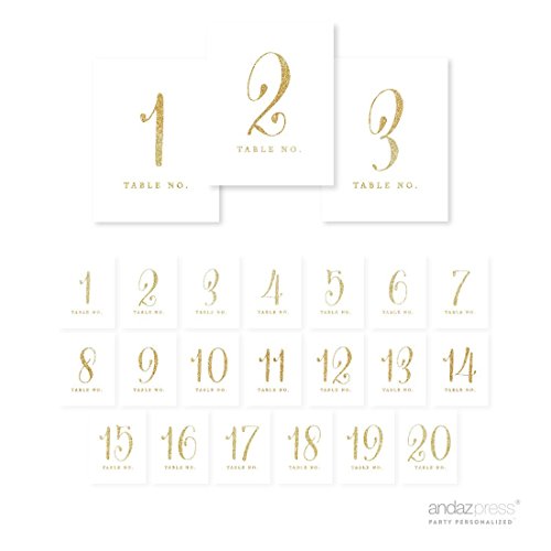 Andaz Press Gold Glitter Print Table Numbers 1-20, 4x6-Inches - Perfect for Wedding, Restaurant, Classroom, Boda