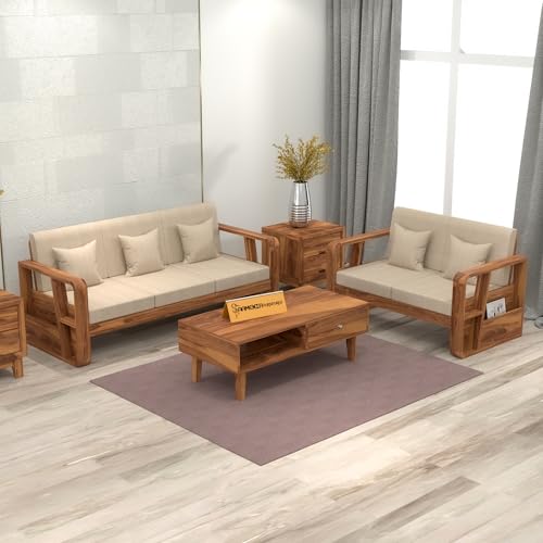 Image of Sheesham Wooden 5 Seater Sofa for Living Room | Solid Wood Sofa with Side Newspaper Holder | Rosewood Sofa Set for Home & Office | Lounge (Honey Finish, 3+2 Seater)