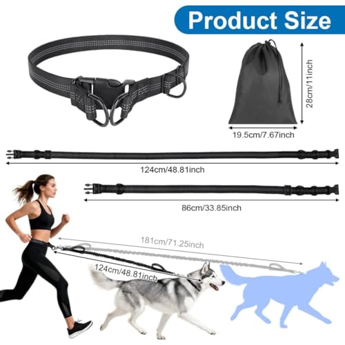 OFFCUP Joggingleine Hunde Hundeleine Freihändig, Dual Griffe Reflektierende verstellbar 124-180cm, Hunde Freihändig Hundeleine für Große und Mittelgroße Hundes bis zu 50 kg, Schwarz
