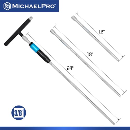 Image of MichaelPro 3-Piece 3 /8 inch Drive 2 Way Speed Adjustable T Handle Wrench Set in 12-inch, 18-inch and 24-inch, Patented Design with Spinner Handle, 3 Level Grip Positions, T Bar Socket Wrench Set, MP009101