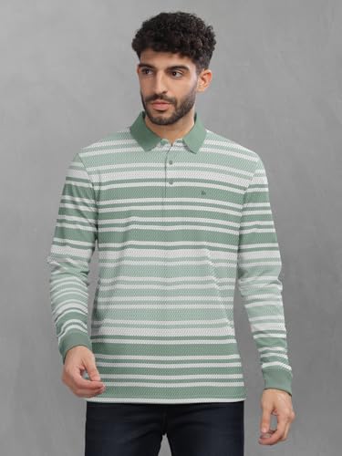Image of BULLMER Striped Textured Printed Polo Neck Fullsleeve T-Shirt with Rib for Men