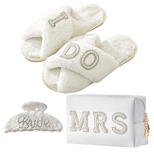 Tkifoda Bride To Be Gift Set Bride Makeup Bag I Do Bride Slippers Bride Robe Bride Hair Clip Bride Gifts Wedding Gifts (Slippers+Makeup Bag+Clip)