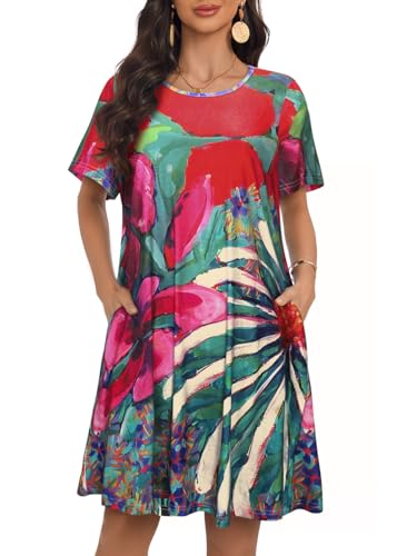 Image of My Sky Summer Dresses for Women 2026 Casual Short Sleeves Tshirt Flowy Beach Plus Size Sundress with Pockets