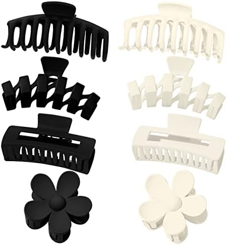 Large Hair Clips for Women, 4.33inch Claw Clips for Thin Thick Curly Hair 90's Strong Hold, 4 style Non slip Big Flower Square Matte Jaw Clip, Hair Clutch Girls Woman Neutral Black White Clamps