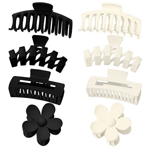 Large Hair Clips For Women, 4.33Inch Claw Clips For Thin Thick Curly Hair 90'S Strong Hold, 4 Style Non Slip Big Flower Square Matte Jaw Clip, Hair Clutch Girls Woman Neutral Black White Clamps #TOP1