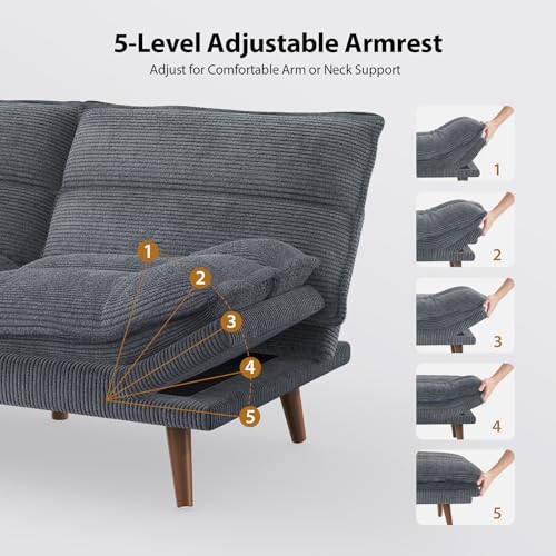 Image of Amada 66 inch Convertible Futon Sofa Bed, Corduroy Loveseat Sleeper Couch with Adjustable Backrest & Armrests, Memory Foam Folding Recliner for Living Room, Apartment, Office, Asphalt Grey