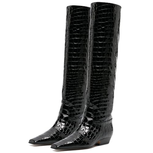 MOOMMO Women Flat Heel Knee High Boots Square Toe Pull On Long Boots Suede Slouch Low Heel Dress Boots Wide Calf Pleated Knee High Tall Boots Comfort Vintage Casual Walking Party 4-11 M US