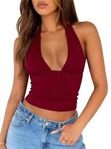 ForeFair Womens Sexy Halter Neck Backless Tank Top Deep V Neck Sleeveless Open Back Y2K Slim Fit Summer Crop Tops(S Burgundy)