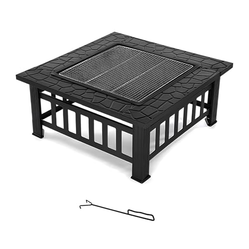PQPQLI Mesa Metálica para Fogata De 81cm - Parrilla De Carbón Cuadrada De Sobremesa, Barbacoa De Carbón Vegetal De Acero, Camping, Barbacoas, Calefacción, Fogatas Y Picnics(with Cover)