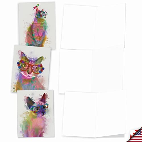 The Best Card Company - Assorted Kittens Watercolor Blank Greeting Box Set - Incl. 10 Unique Design Notecards + Envelopes for Thank You, Invitation - Funky Rainbow Cats AM6199OCB-B1x10