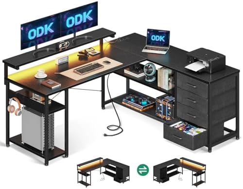 Bureau Gaming En L Avec LED RGB, Prises Et USB - Table Ordinateur 132x80cm, Rangement Tiroirs Tissu, Pour Chambre, Bureau