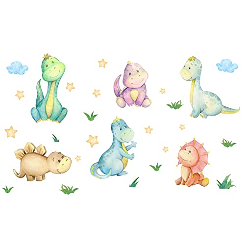 fanquare Colorful Cartoon Dinosaur Wall Decal Watercolor Wall Stickers Decoration with Stars, Grass, Clouds - Image 4