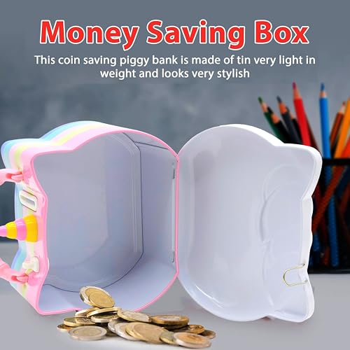 Image of VGRASSP Unicorn Theme Metal Piggy Bank Toy for Kids - Cute Money Safe with Lock and 2 Keys - Gullak Coin Box Gift for Boys and Girls - Color As Per Stock
