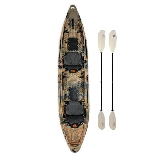 BKC TK122 Angler 12-Foot, 8 inch Tandem 2 or 3 Person Sit On Top Fishing Kayak w/Upright Aluminum Frame Seats and Paddles (Green Camo)