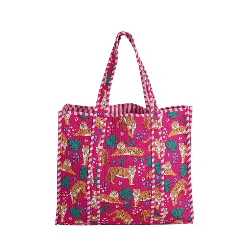 Image of Cotton Tiger Block Print Tote Bag, Indian Handmade Shopping Shoulder Bag, Unisex Market Daily Use