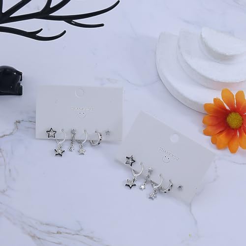 6 Pairs Small Y2K Earrings for Women Simple Vintage Silver Stud Earrings Rhinestone Zircon Cross Star Moon Pin Earrings Set Vintage Cartilage Y2K Stud Earrings Jewelry Set4