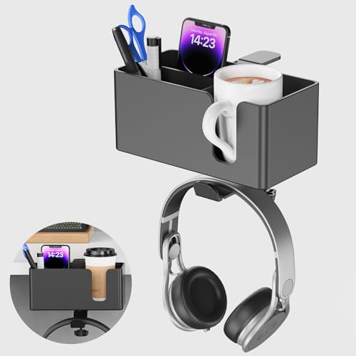 meiboshin Desk Cup Holder Clamp with Headphone Hanger and Storage Tray