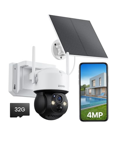 ZOSI C291 4MP Wireless Battery Security Outdoor Camera with Solar Panel, 2.5K 360 View Pan/Tilt Camera, Auto Track, PIR Human Detect, Color Night Vision, 2-Way Talk, Light Siren Alarm,32GB Memory Card