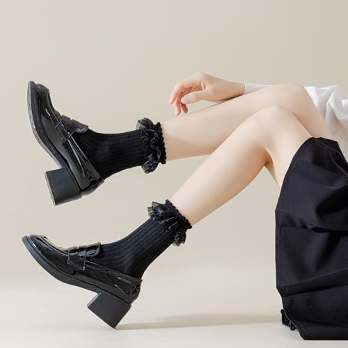 BIVOLU Womens Crew Socks Lace Ruffle Frilly Cotton Cute Princess Ankle Dress Socks for Girl 4 Pack4