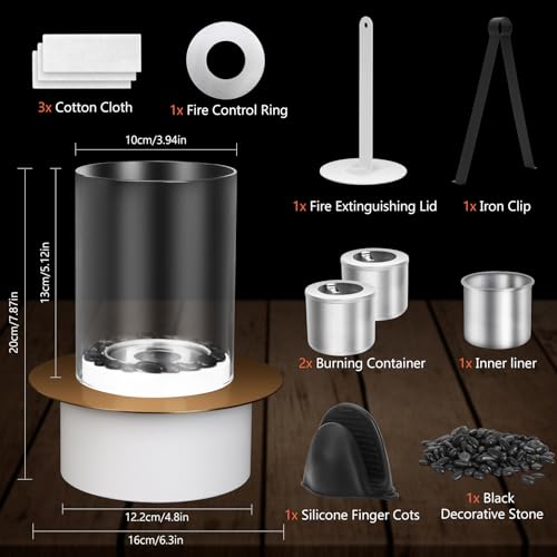 Bioethanol Tischkamin, Tischkamin Outdoor & Indoor, Regulierbare Flamme, inkl. 2X große Brennkammern und Schwarze Dekosteine