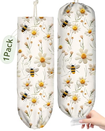 Kokaaee Plastic Bag Holder Organizer - 1 Pack Reusable Canvas Grocery Bags Holder Hanging Wall Cute Aesthetic Shopping Bag Storage Dispenser with Drawstring Closure for Kitchen Home, Flower Bee