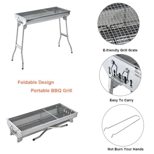 Przenośny składany grill z węglem, Stal nierdzewna BBQ Pit na Camping, Piknik, podróże ogrodowe. 70x30cm Duża powierzchnia do gotowania posiada 8-12 porcji.