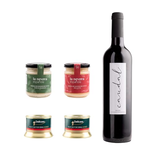 La Nevera Española | Cesta Gourmet La Nevera Española | Selección de Pates de Pato | Cremas de Queso Picante | crema de quedo de Oveja | Botella de vino Rioja El Caudal Lote | Lote Gourmet 2