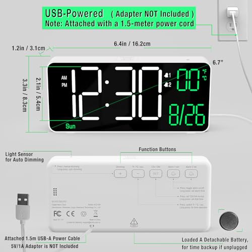 Image of KOSUMOSU Digital Alarm Clock,6.7in Small Digital Clock for Bedroom,Auto Dimming,Date,Week,Seconds or Indoor Temperature,LED Desk Clocks for Living Room, Alarm Clocks for Bedrooms